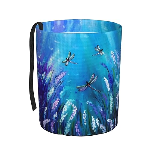 Purple Flowers and Cute Dragonfly Car Trash Can Leak Proof Hanging Waterproof Garbage Can Multipurpose Trash Bin for Car SUV Front Seat Headrest Collapsible and Portable Storage Pocket