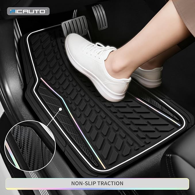PIC AUTO Car Floor Mats, Black Aluminum-Molded with Full-Circle Iridescent Inlay Strip Car Mats, Universal-Fit Rubber Mats for Cars, Trucks & SUVs, All-Weather, Non-Slip, Easy-to-Clean Interior Mats