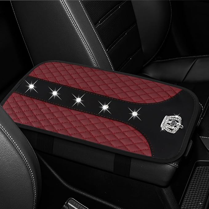 Bling Crown Car Center Console Cover, 12.7"×7.7" Armrest Cover for Cars, Waterproof Leather Arm Rest Box Pad Cushion, Universal Middle Console Cover Protector, Car Accessories (Wine Red)