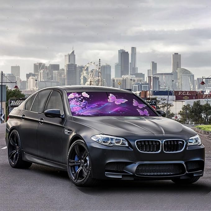 DOPINDU Butterfly Flowers Car Windshield Sun Shade Umbrella Bendable Handle Foldable Funny Sunshade for Car Windshield Block UV Rays Keep Vehicle Cool for Most Sedans SUV Trucks Cars 57"x30"