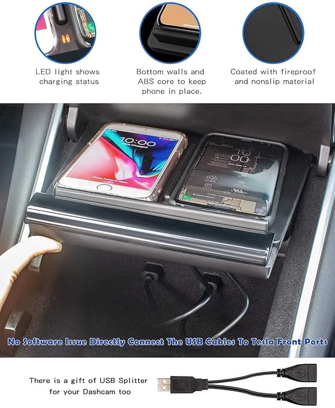 TAPTES Wireless Charger for Tesla Model 3 2017 2018 2019 2020, Dual Phone Charging Pad for Tesla Model 3 Accessories, Car Center Console Interior, Compatible with iPhone & Smartphones, Black