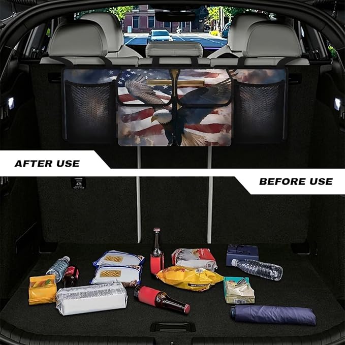 Car Storage Organizer New Version, Hanging Trunk Organizer with 4 Functional Storage Bags, Car Trunk Storage Bag for SUV Truck MPV VAN,American Flag Eagle Cross Patriotic Religious