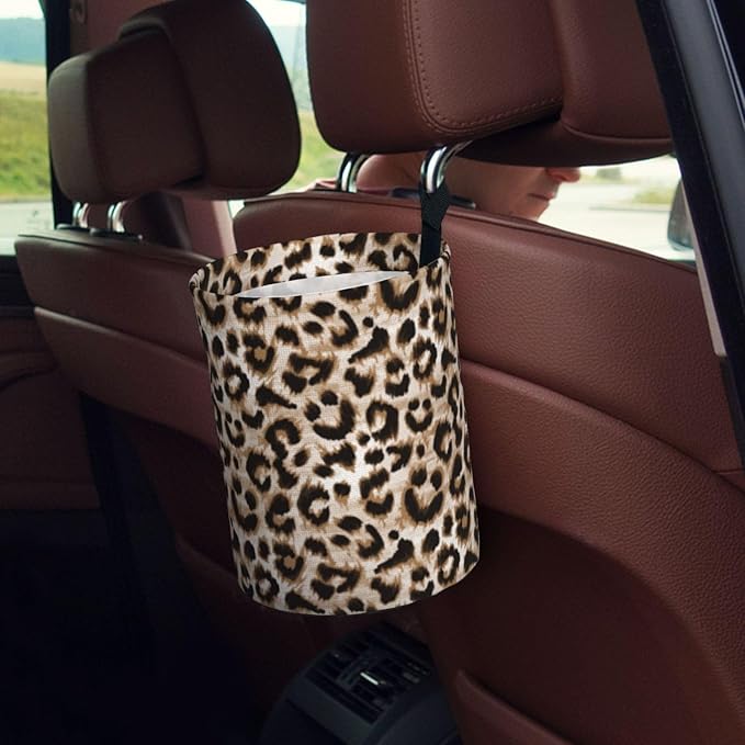 OEDTF Leopard Car Trash Can,Car Accessories Waterproof Car Organizer Foldable Portable Trash Bin Can Be Hung on The Back Seat Garbage Can for Various Cars