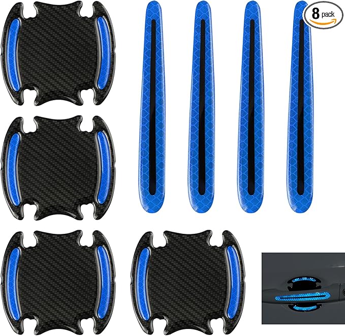 8PCS 3D Carbon Fiber Car Door Handle Protector Sticker, Universal Auto Door Handle Anti Scratch Cover Guard, Car Outdoor Safety Reflective Strips, Paint Guard Protective Films(Blue)