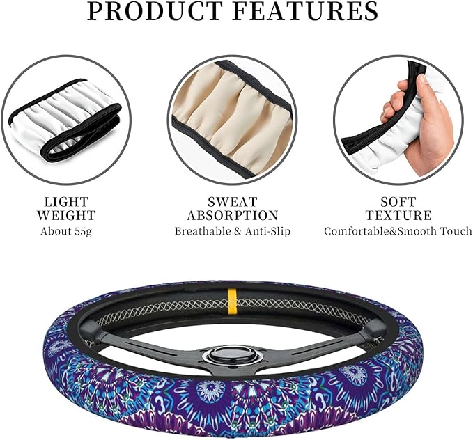 Boho Purple Flower Neoprene Steering Wheel Cover for Men Women Anti-Slip Elastic Steering Wheel Protective Cover 15in Universal Car Accessories Fit Cars, SUVs, Auto
