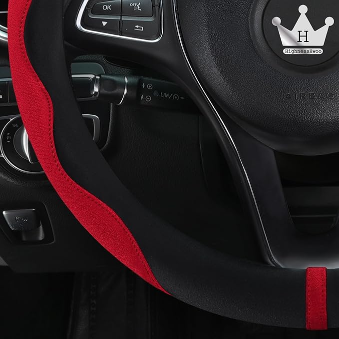 Luxury Suede Steering Wheel Cover for Cars, Soft Leather Padded Wheels Cover for Sedan, SUV, Thin Car Handle Cover, Universal Fit, Anti Slip, 14.75-15.15in, Red