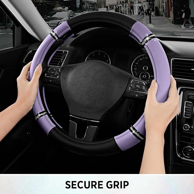 Road Comfort Leather Steering Wheel Cover – Premium Anti-Slip Car Steering Wheel Grip Cover – Universal Fit for 14.5”–15.5” Cars, Trucks & SUVs - Purple