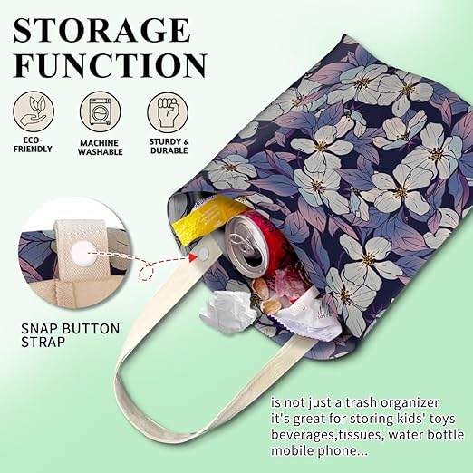 Car Trash Can, Cute Car Trash Bag, Hanging Car Organizer and Storage Bag, Trash Bin for Car Accessories, Vehicle, Travelling, Camping Cute Pulple White Flower