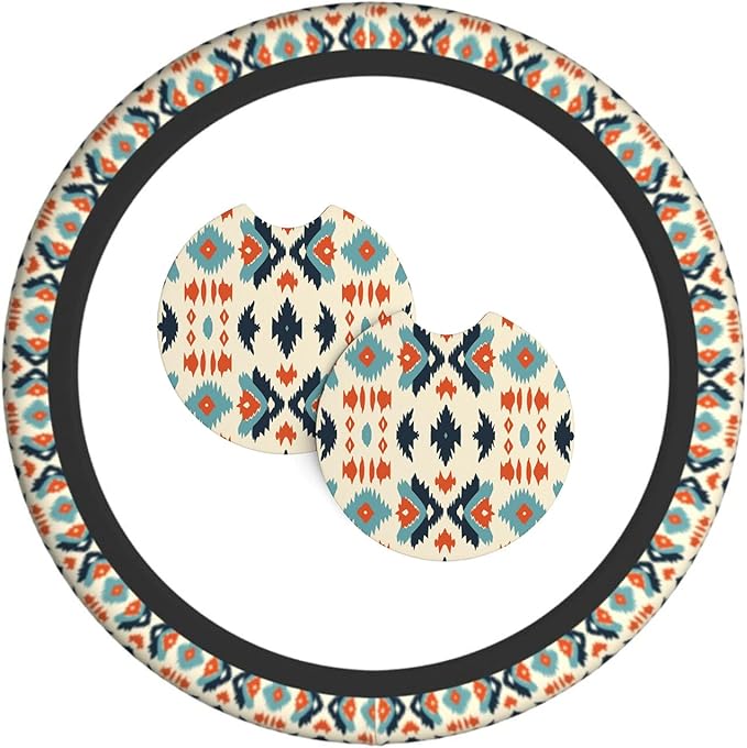 Aztec Steering Wheel Cover with 2 Car Coasters Non Slip Neoprene for Women Men Universal 15 Inch