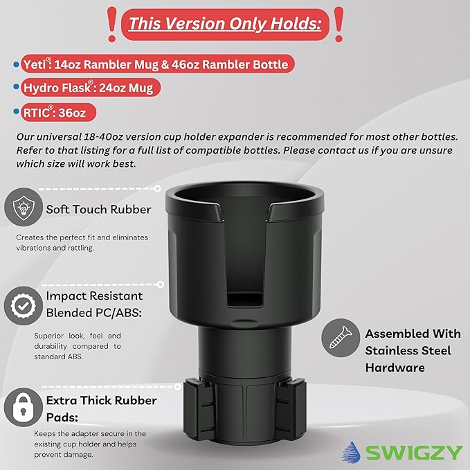 Swigzy Extra Wide Car Cup Holder Expander - Made for Yeti 14oz & 46oz Rambler, Hydro Flask 24oz Mug, RTIC 36oz Bottles - Adapter Insert Extender Expandable and Adjustable