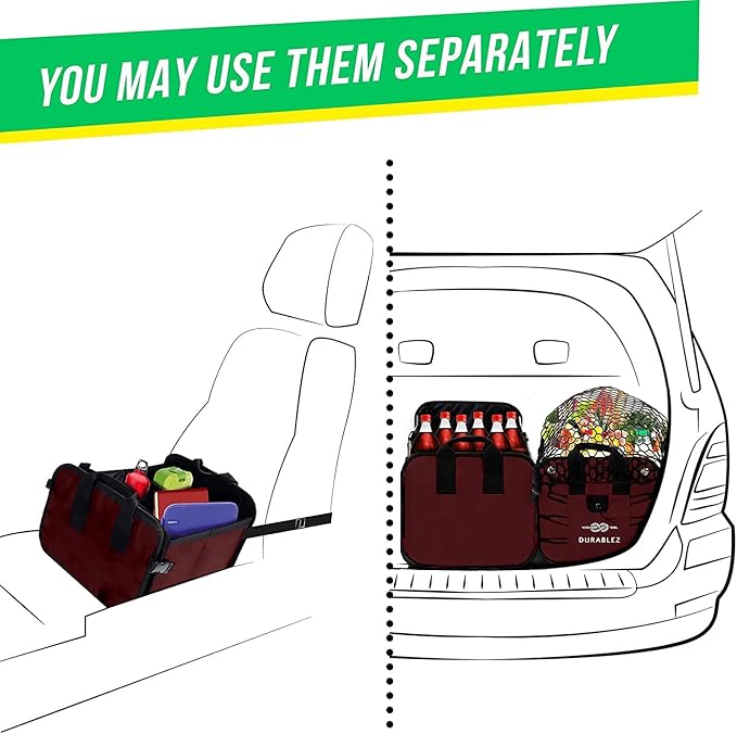 DURABLEZ 4-Section Trunk Organizer for SUV, Truck, Van, Sedan – Modular Extra Large Cargo Bin, Detachable Car Trunk Storage with Dividers, Collapsible Auto Organization System – Cherry
