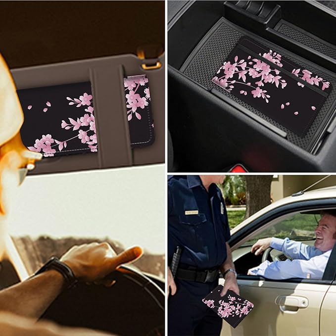 RAUEDWDJS Car Registration and Insurance Holder,Leather Vehicle Glove Box Organizer Wallet Case for Driver's License,ID Key Information Cards-Cherry Blossoms