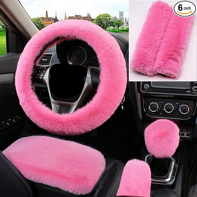 1 Set 6 Pcs Fluffy Car Steering Wheel Cover & Seat Belt Shoulder Pads & Handbrake Cover & Gear Shift Cover Set & Seat Belt Shoulder Pads Faux Wool Universal Fit Car Interior Accessories (Pink)