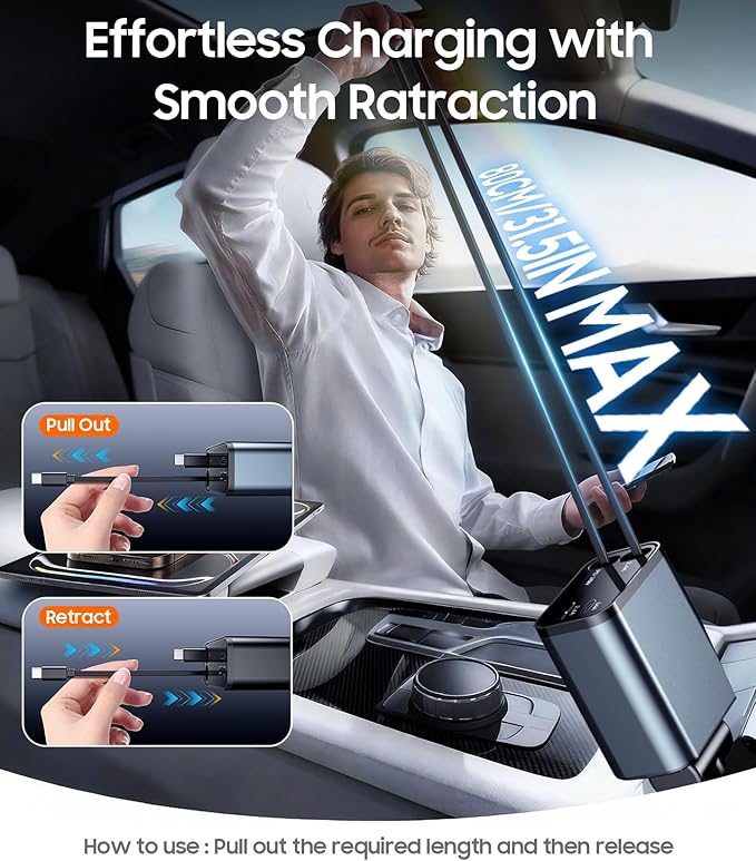 Temdan Retractable Car Charger, 4 in 1 Fast Charger USB C Car Truck Accessories, Travel Essentials for Christmas Day Gifts for Women Men, Car Accessories for iPhone 17 Pro Max Air 16 15 14 Plus,Galaxy