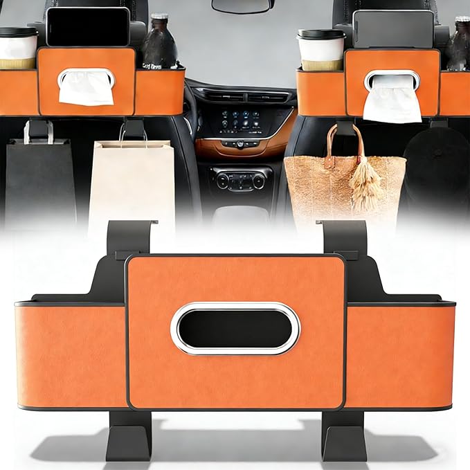 Car Organizers and Storage Box Behind Seat, 2026 New Car Headrest Organizer Back Seat with Drink Cup Holder Tissue Box for Hold Phone, Snacks, Drinks, Handbag (Orange)