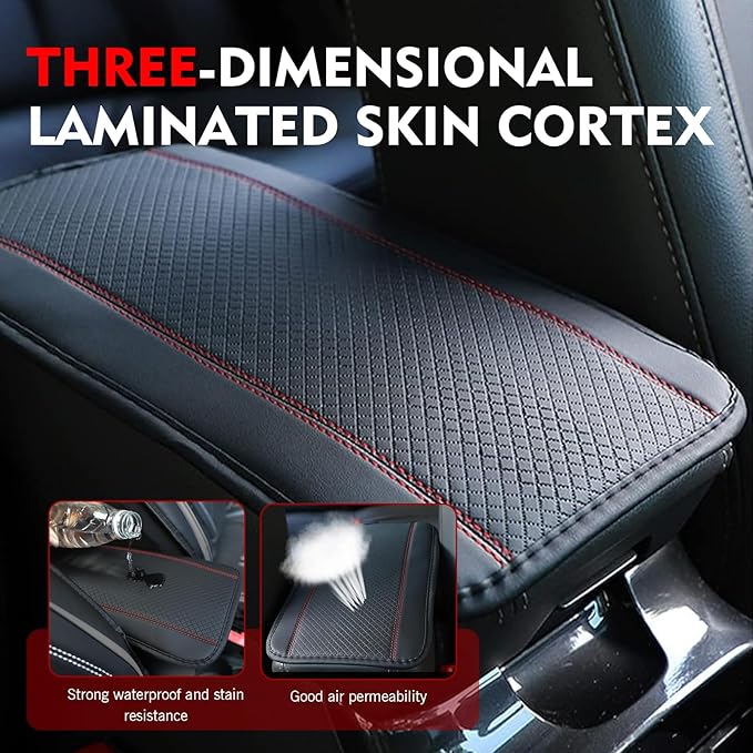 Hugwits Car Center Console Armrest Pad, 7.48" x 12.6" Leather Waterproof Armrest Box Mat with Straps, Wear-Resistant Car Center Console Seat Box Cover, Universal for Most Cars (Red Stitching)