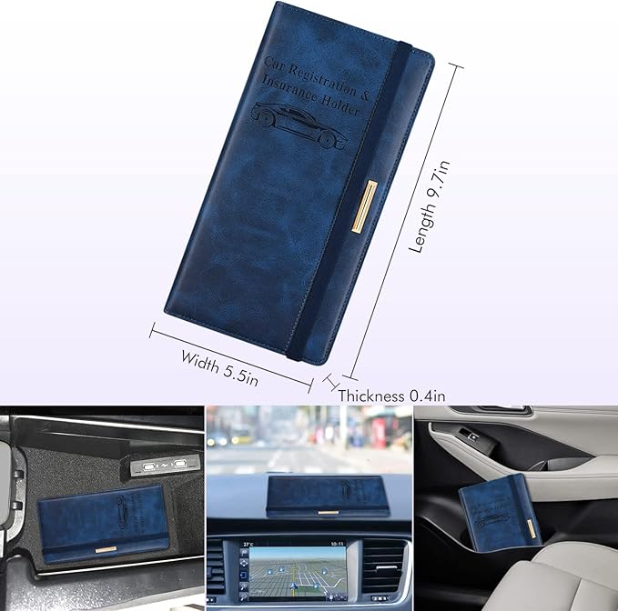Car Registration and Insurance Holder Vehicle Glove Box Organizer Leather Car Document Holder for Driver's License, ID, Key Information Cards with Elastic Band Closure, Blue