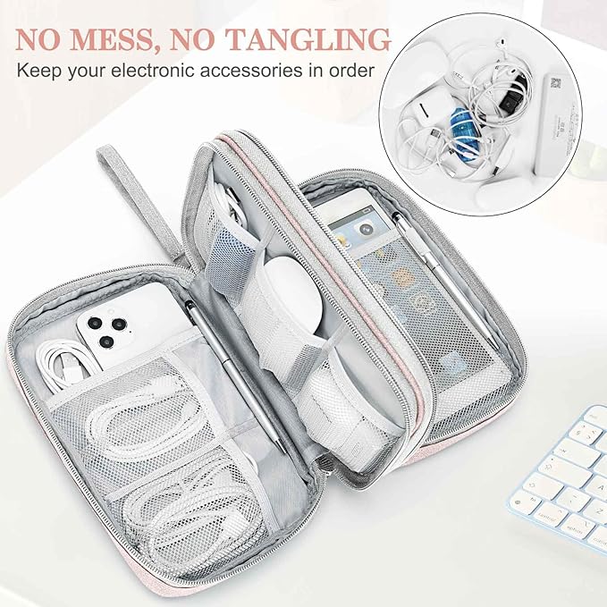 FYY Electronic Organizer, Large Travel Cable Organizer Bag Pouch Electronic Accessories Carry Case Portable Waterproof Double Layers All-in-One Storage Bag for Cable, Cord, Charger, Phone, Light Pink