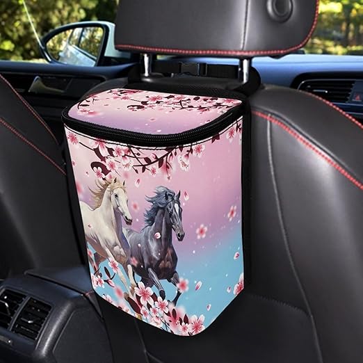 Horse Animal Car Trash Bin Bag with Pink Cherry Blossom,Hanging Auto Garbage Can Waste Storage Bag Universal Fit Most Vehicle Truck SUV,Durable and Leak Proof