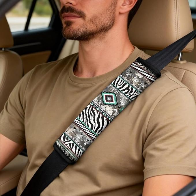 Qeluxign 5-Piece Car Accessories Set Tribal Zebra Print Universal Fit PU Leather Seat Covers Seatbelt Pads and Armrest Cover for Cars, Trucks, SUVs
