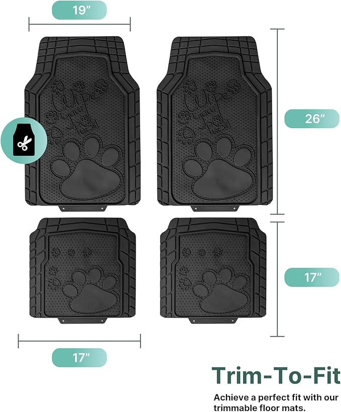 FH Group Car Floor Mats - Adorable Paw Print, Heavy-Duty Rubber Mats, Universal Fit Full Set, Climaproof, Trimmable, Fit Most Sedan, SUV, Truck - Black