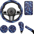 Blue Dragonfly Print 6pcs Car Steering Wheel Cover Set for Men Women Auto Interior Accessories Cup Holder Armrest Pad Seatbelt Cushion Fit for SUV Truck Vans