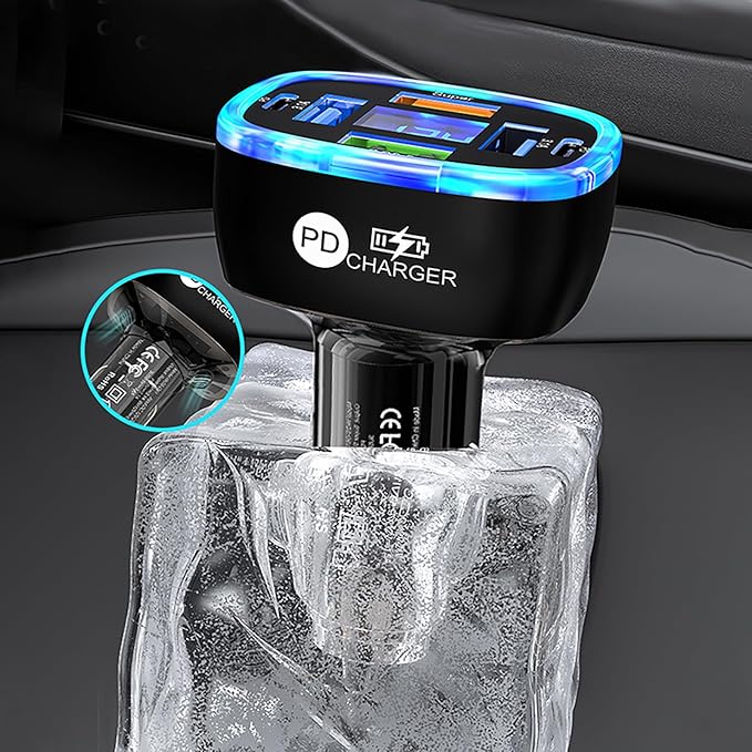 6-in-1 Multi-Function Car Charger with LED Digital Display, PD 3.1A & QC3.0 Super Fast Charging, Fire-Proof PC Body, Multi-Port USB/Type-C Car Adapter for iPhone Android Tablets Cars
