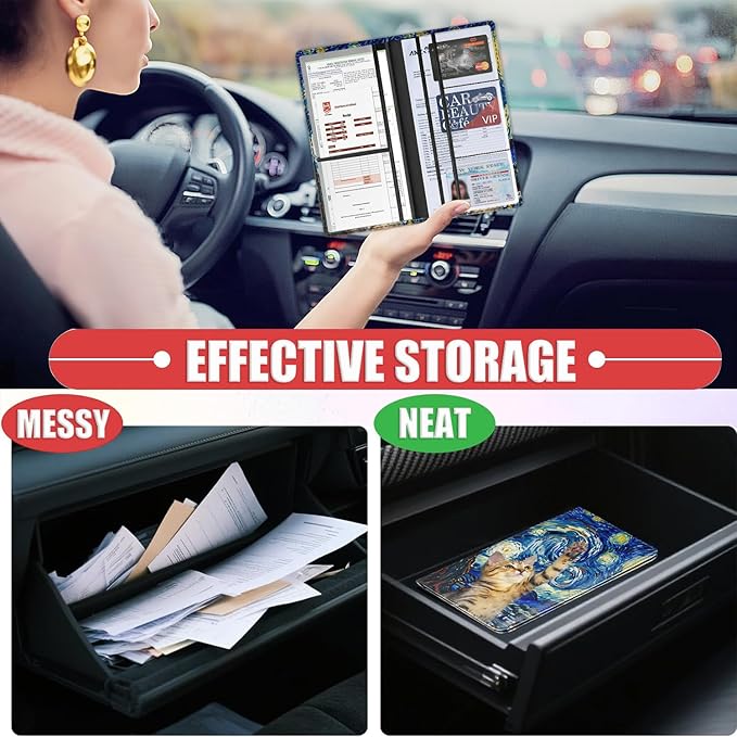 Car Registration and Insurance Card Holder for Women Men, Waterproof PU Leather Glove Box Car Organizer with Magnetic Shut, Vehicle Document Holder for Driver License,Cards, Night Cat Pattern