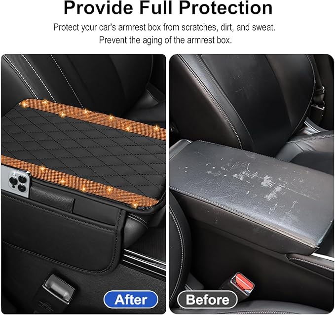 Bling Car Center Console Cover, Leather Car Arm Rest Cover Cushion with 2 Storage Bags, Universal Auto Armrest Protector Storage Box, Bling Accessories Interior for Most Vehicles (Orange Diamond)