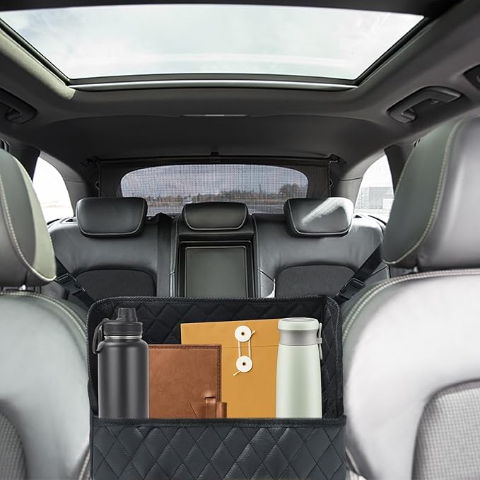 Leather Car Net Pocket Handbag Holder, Car Backseat Organizer Seat Driver Netting Pouch Storage Bag Accessories Between Seats Large Capacity Hanging for Phones Documents Small Essentials