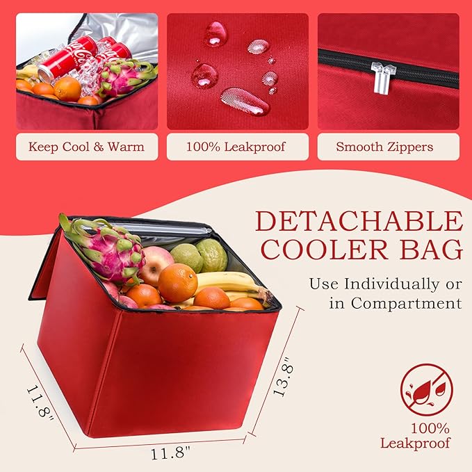 Heavy-Duty Extra Large 100L Premium Foldable Car Trunk Organizer with Lid + 26L Cooler Bag, Waterproof Robust Durable 1680D Oxford & Multi-Compartment Collapsible for SUV, Truck, Van, Sedan (Red)