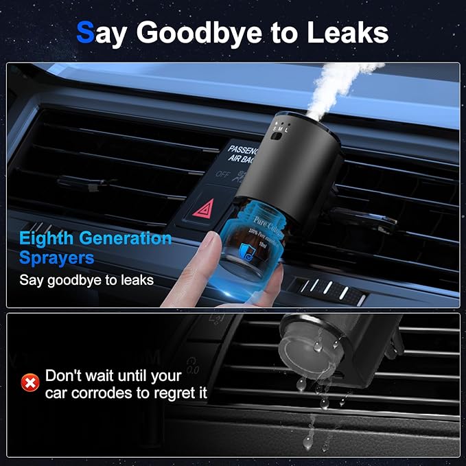 Car Air Freshener, Smart Car Air Freshener for Vent Clips, 1200 Sprays Per Charge, Car Fresheners with Auto On/Off, 5 Scents, 10 Refill Bottles (1Pack)
