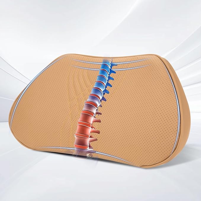 Dapucarin Lumbar Support Pillow for Car Seat, Office Chair Nappa Leather Memory Foam Lower Back Cushion for Back Pain Relief Improve Posture, Ergonomic Back Rest for Gaming Chair, Palomino, 1PC