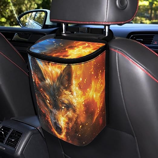 Fire Wolf Car Trash Can, Hanging Zipper Design Garbage Bin for Backseatnd Behind Center Console