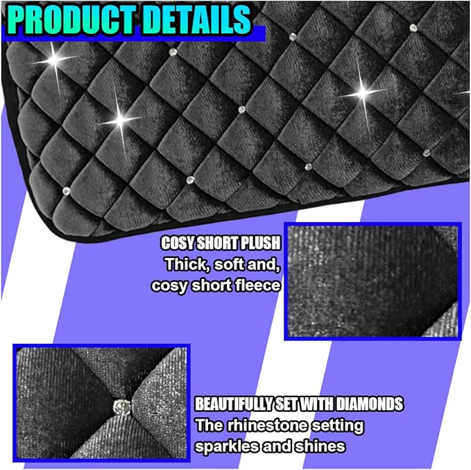 Bling Car Center Console Cover, Soft Comfortable Fluffy Car Armrest Cover, Crystal Rhinestone Seat Box Cushion Protector, Automotive Interior Decoration Accessories for Most Vehicles (Black)