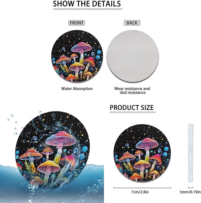 Colorful Mushroom Car Steering Wheel Cover Auto Interior Accessories 6 PCS Cup Coaster Cars Handbrake Cover Fits Most Car Truck Van and SUV