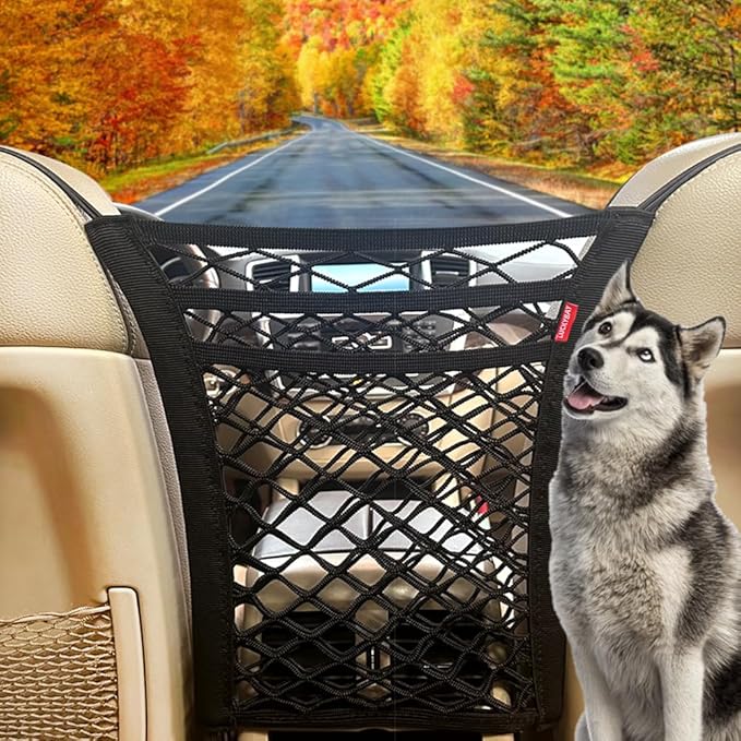 Luckybay 3-Layer Car Mesh Organizer Net, Seat Back Elastic Storage Net Bag, Barrier of Backseat Pet Kids, Driver Storage Netting Pouch