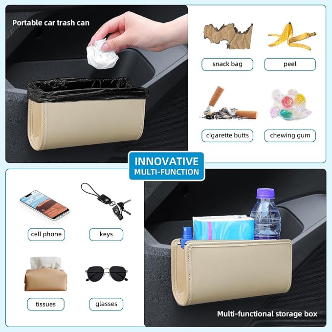 Car Trash Can, Beige Universal Leather Foldable Leakproof Garbage Bins Organizer Holder with One Roll Trash Bag, Car Seat Back Storage Box for Most Vehicles