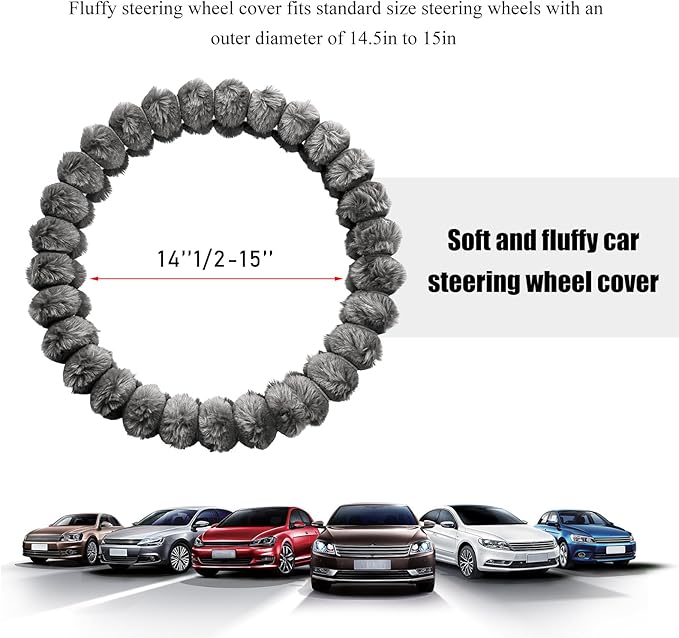 Fluffy Car Steering Wheel Cover, 14.5-15 Inches Anti-Slip Plush Fuzzy Steering Wheel Protector, Soft Warm Steering Wheel Cover Interior Decor for Women Girl, Car Accessories (Gray)