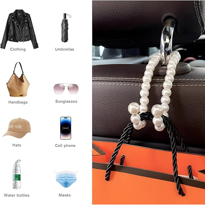 2PCS Elegant Pearl Car Seat Headrest Hook, Cute Vehicle Back Seat Hanger Purse Hook, Auto Interior Decor Strong Load-Bearing Headrest Hanger for Handbag Keys Grocery Bags