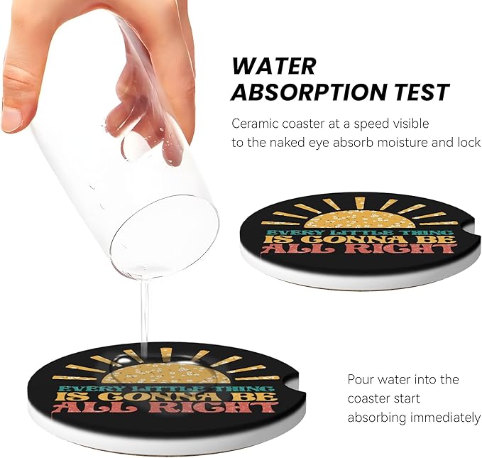 HUWAAI Every Little Thing is Gonna Be Alright Car Cup Holder Coasters 2 Pack Universal 2.63 Inch Anti Slip Ceramic Absorbent Coaster with Cork Base and Finger Notch Car Accessories Interior for Women