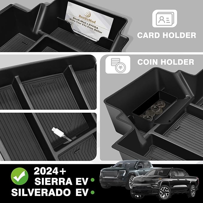BestEvMod Center Console Organizer Tray Compatible with Chevrolet Silverado EV WT RST LT/Sierra EV 2024 2025 Pickup Armrest Storage Box (Top)
