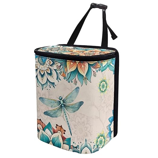 Bohemian Flower Dragonfly Car Trash Bin with Lid,Leak-Proof Car Organizer, Waterproof Car Garbage Can for Vehicle/Home/Office