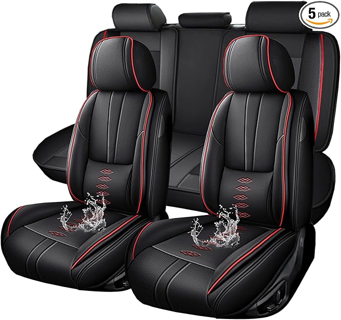 Premium Universal Car Seat Cover, Comfortable Leather Seat Cover for 96% of Models, Waterproof Car Seats Protectors Cushions for 5 Seats(Black+Red)