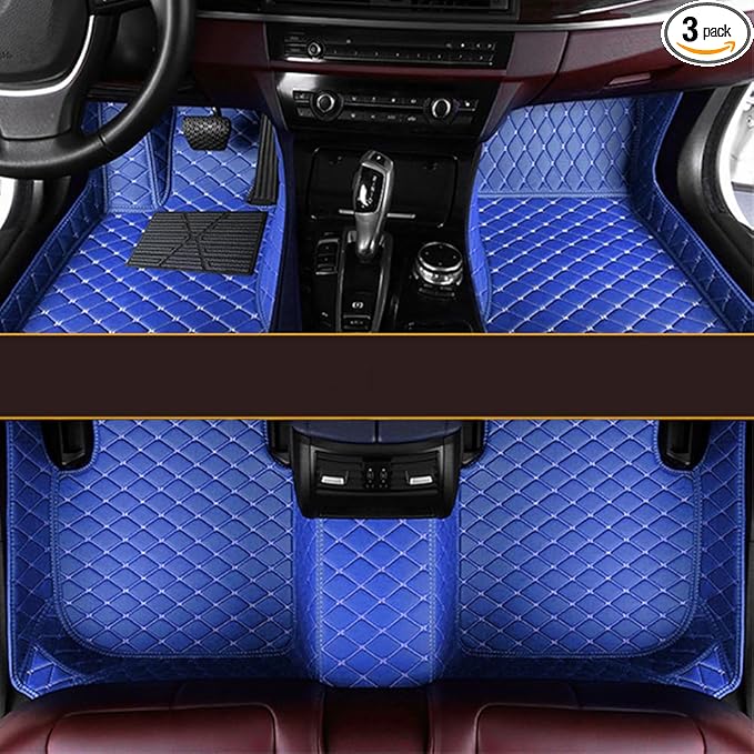 KaiLaiCarCustom Automotive Car Floor Mats for 99.99% Sedan SUV Sports Car Men Women Protection Full Coverage Pads Anti-Slip Leather Floor Lining… (Blue Mat Beige Line)