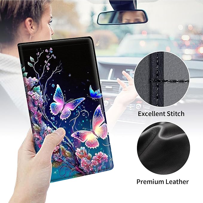 Qindaiwen Car Registration and Insurance Holder, Vehicle Card Document Elastic Band Closure Glove Box Organizer, Driver License Cards, Car Accessories for Essential Info, Colorful Butterfly
