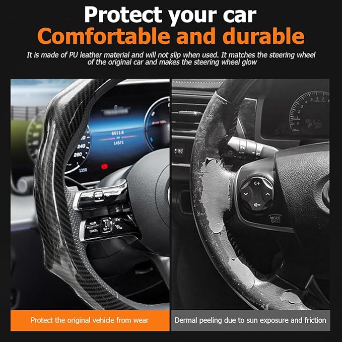 Carbon Fiber Car Steering Wheel Cover, Leather Non-Slip Vehicle Steering Wheel Cover for 14.5-15 Inch, Comfortable Auto Interior Protector Decoration Accessories, Universal Fit(Black)