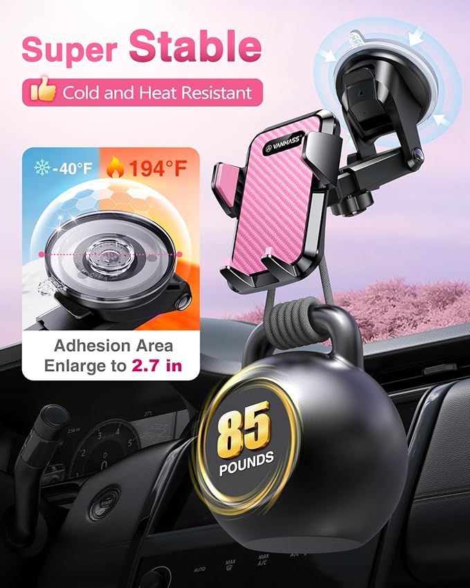 VANMASS【85+LBS Strongest Suction & Military-Grade Ultimate Car Phone Mount【Patent & Safety Certs】 Cell Phone Holder Truck for Dashboard Windshield Vent for iPhone 17 Pro Max 16 15 for Samsung, Pink