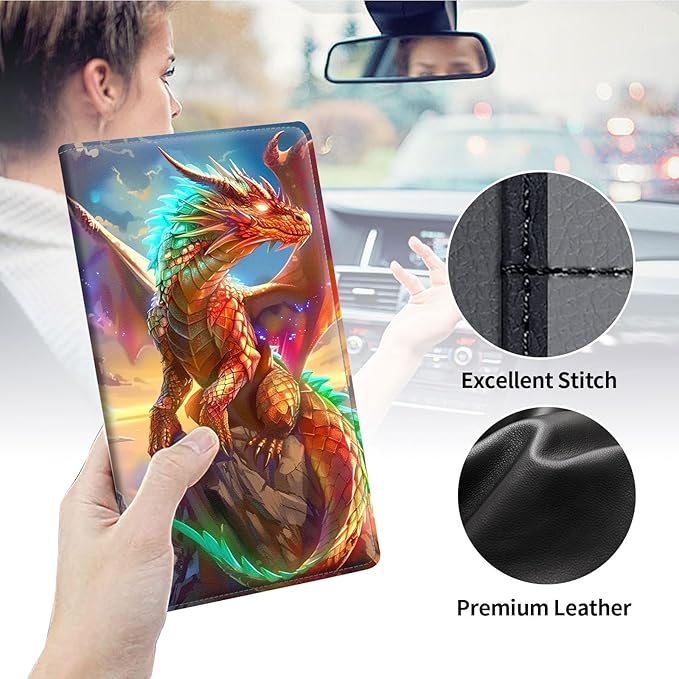 Qindaiwen Car Registration and Insurance Holder, Vehicle Card Document Elastic Band Closure Glove Box Organizer, Driver License Cards, Car Accessories for Essential Info, Golden Dragon