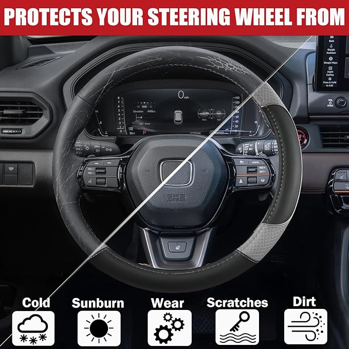 ANMOSVO Steering Wheel Cover for Honda Civic(2006-2015),CR-Z, Insight, S2000|Microfiber Leather & Anti-Slip Safety Design | 14-14.25 Inch Custom Fit (Gray-Small Size)